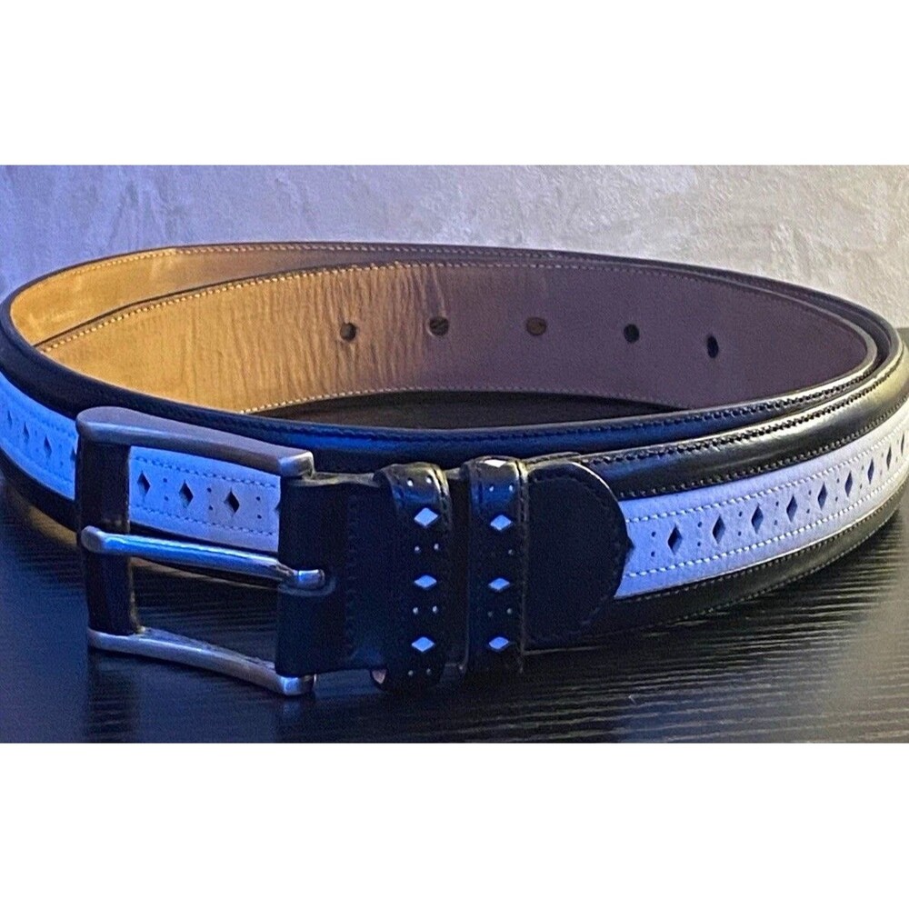 Mezlan Men's Leather Belt Size 36 Black/White diamond cutout Brass Buckle Spain